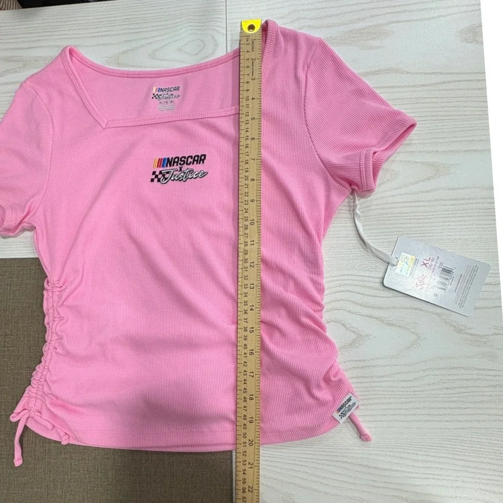 Justice NASCAR Top Girls XL 16-18 Pink Ribbed Cinched Side Square Neck NEW